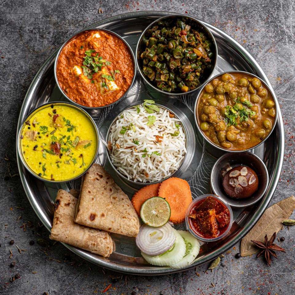 A Maharajah India Cuisine thali with various curries, rice, roti, and dessert on a steel platter.