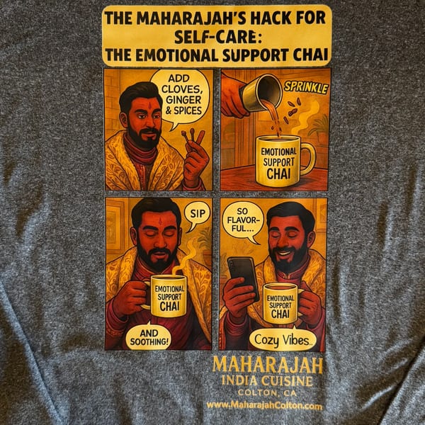 A cartoon strip on a t-shirt shows a man making and enjoying "Emotional Support Chai" with spices.