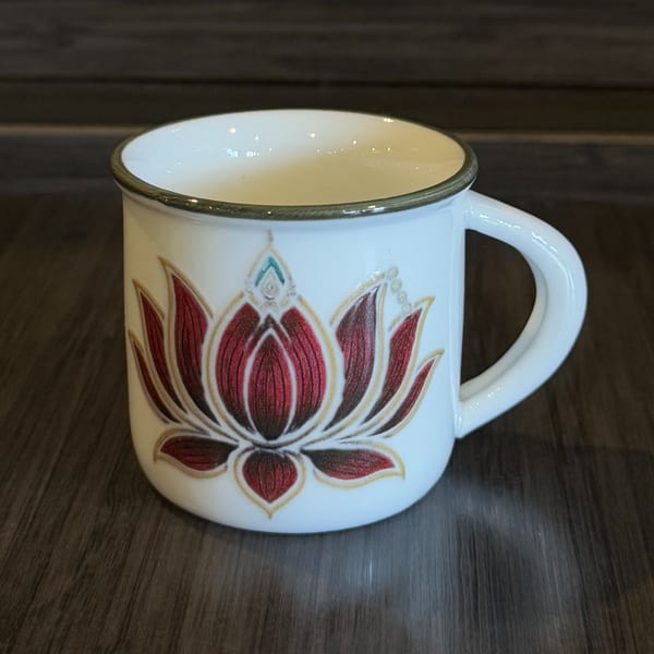 White ceramic mug with a red and gold lotus flower design, on a dark wooden surface.