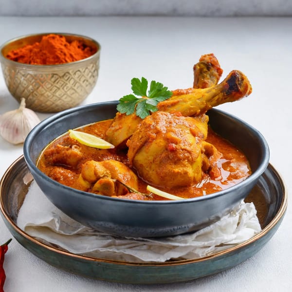 Maharajah India Cuisine's chicken curry in a dark bowl, garnished with lemon and cilantro, with spices.