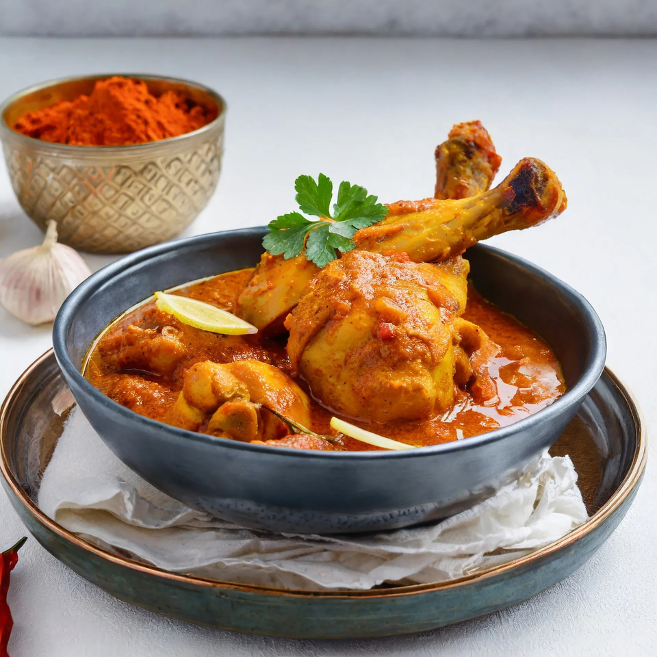 Maharajah India Cuisine's chicken curry in a dark bowl, garnished with lemon and cilantro, with spices.