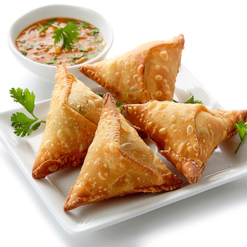 Golden-brown Maharajah India Cuisine samosas with a side of dipping sauce, garnished with fresh cilantro.