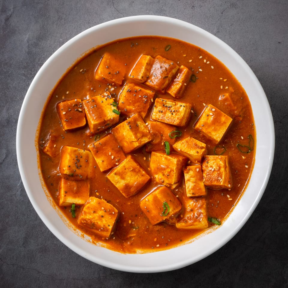 Maharajah India Cuisine's paneer butter masala, featuring paneer cubes in a rich orange sauce, garnished with seeds.