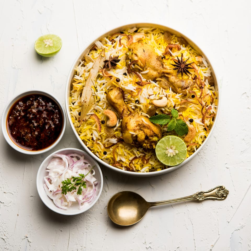 Maharajah India Cuisine's chicken biryani, with sides of sauce, onion raita, and lime.